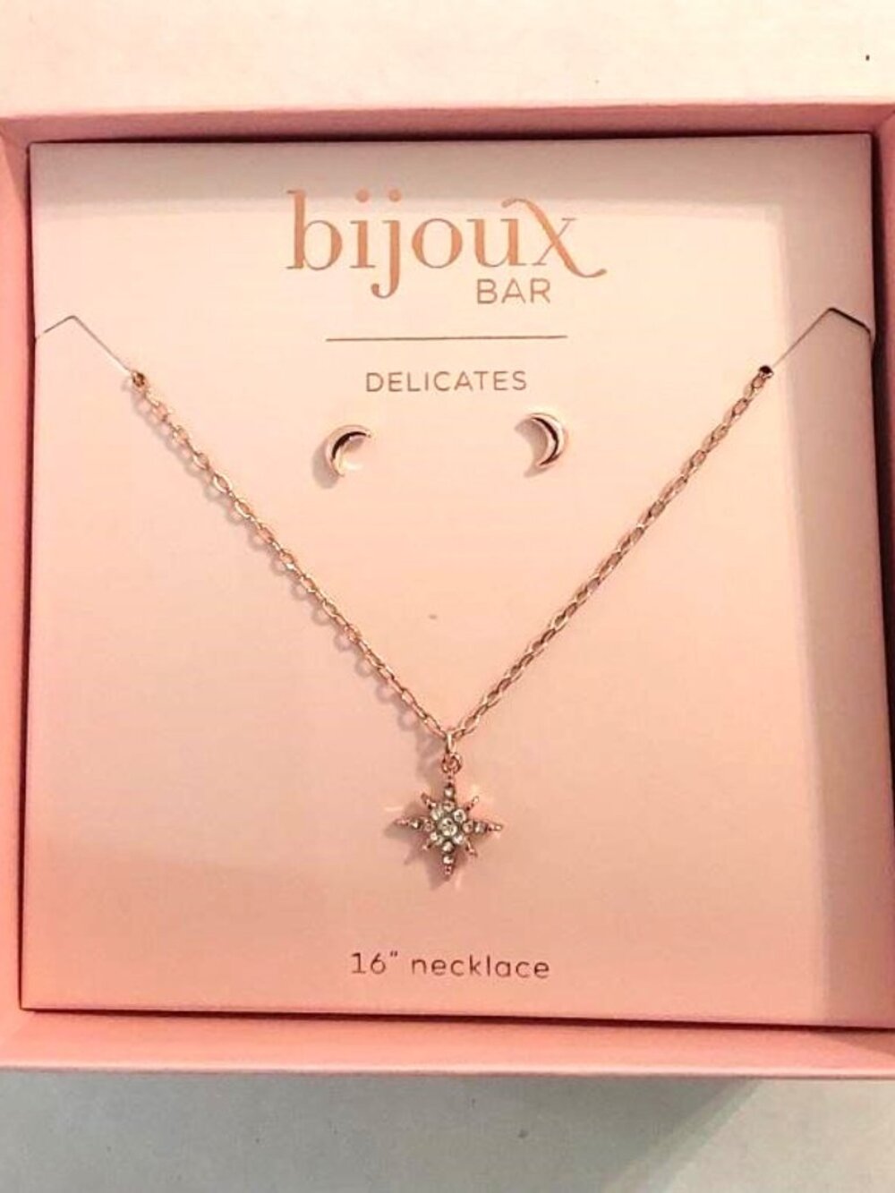 Bijoux Bar Delicates Rose-gold Star Necklace with Crescent Moon Stud Earrings